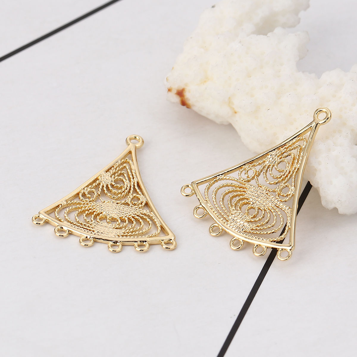 Picture of Brass Chandelier Connectors Fan-shaped 18K Real Gold Plated Filigree 28mm(1 1/8") x 24mm(1"), 3 PCs