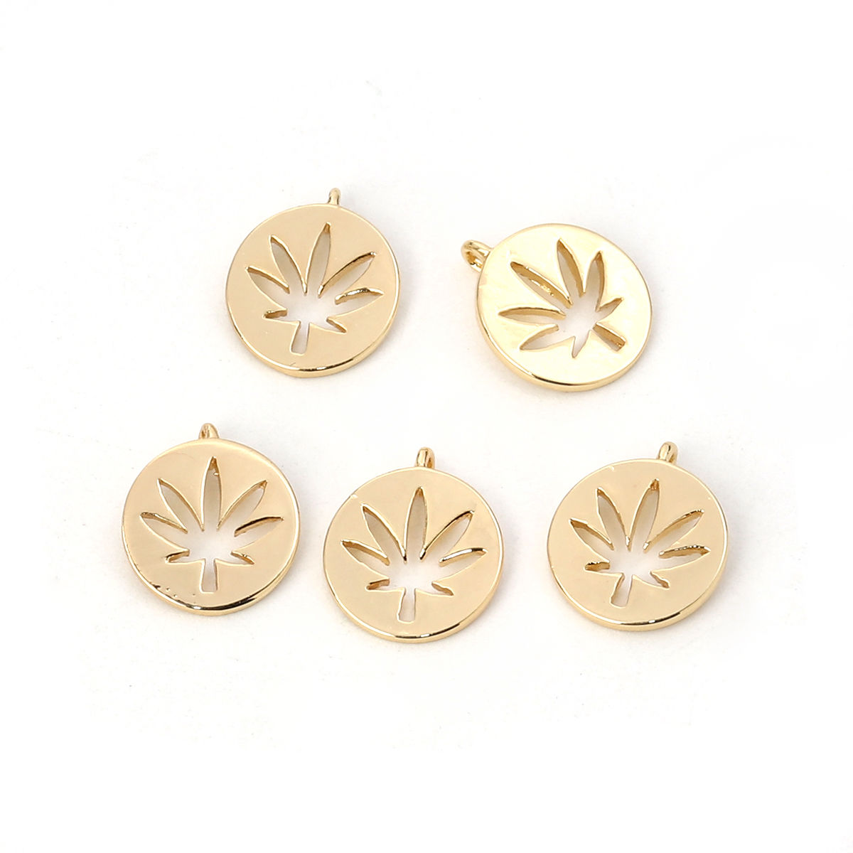 Picture of Brass Charms Round Gold Plated Maple Leaf 12mm( 4/8") x 10mm( 3/8"), 3 PCs