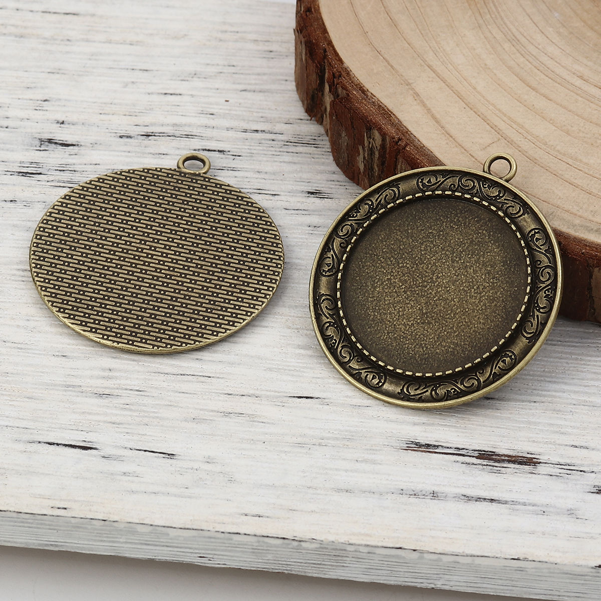 Picture of Zinc Based Alloy Pendants Round Disc Antique Bronze Cabochon Settings (Fits 30mm Dia.) 45mm x 41mm, 10 PCs