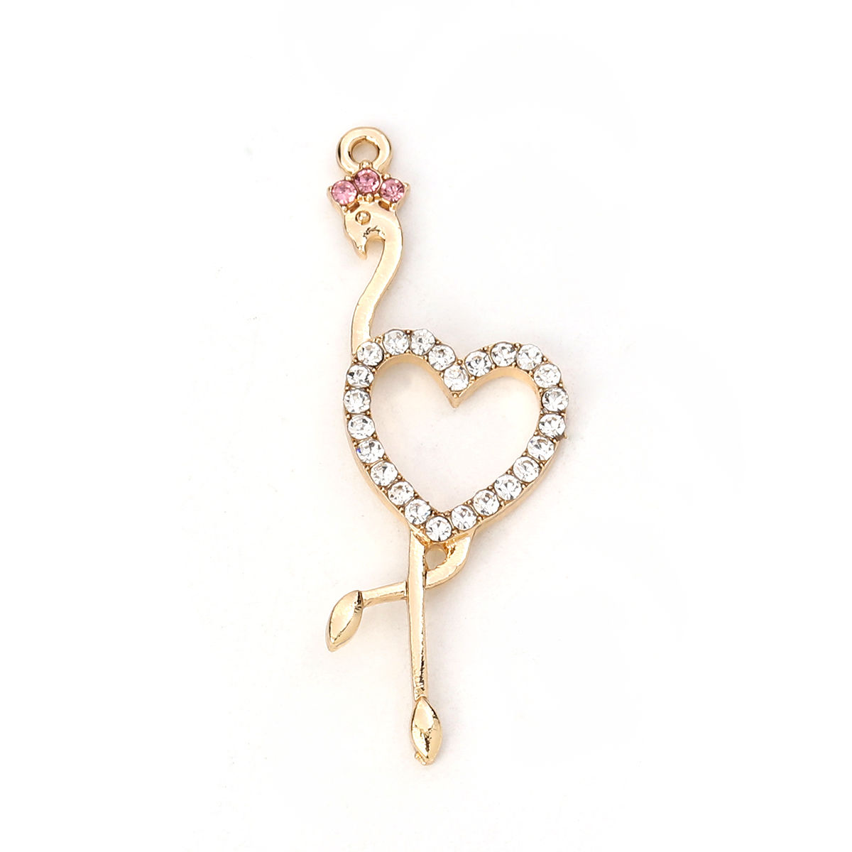 Picture of Zinc Based Alloy Pendants Flamingo Gold Plated Purple Heart Clear Rhinestone 42mm(1 5/8") x 15mm( 5/8"), 5 PCs