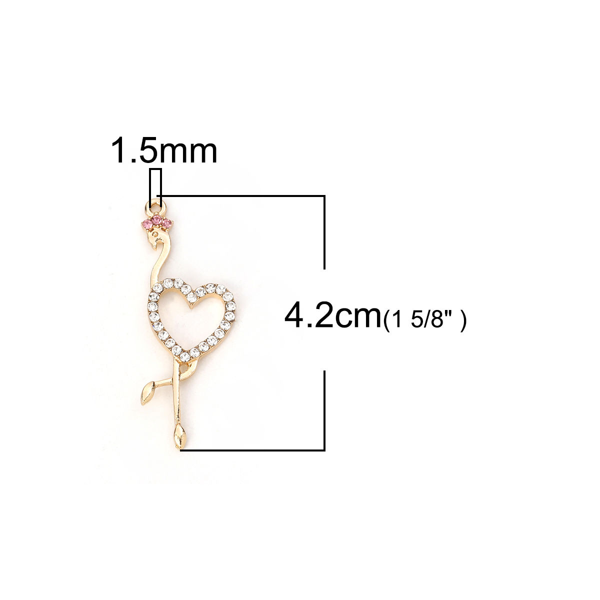 Picture of Zinc Based Alloy Pendants Flamingo Gold Plated Purple Heart Clear Rhinestone 42mm(1 5/8") x 15mm( 5/8"), 5 PCs