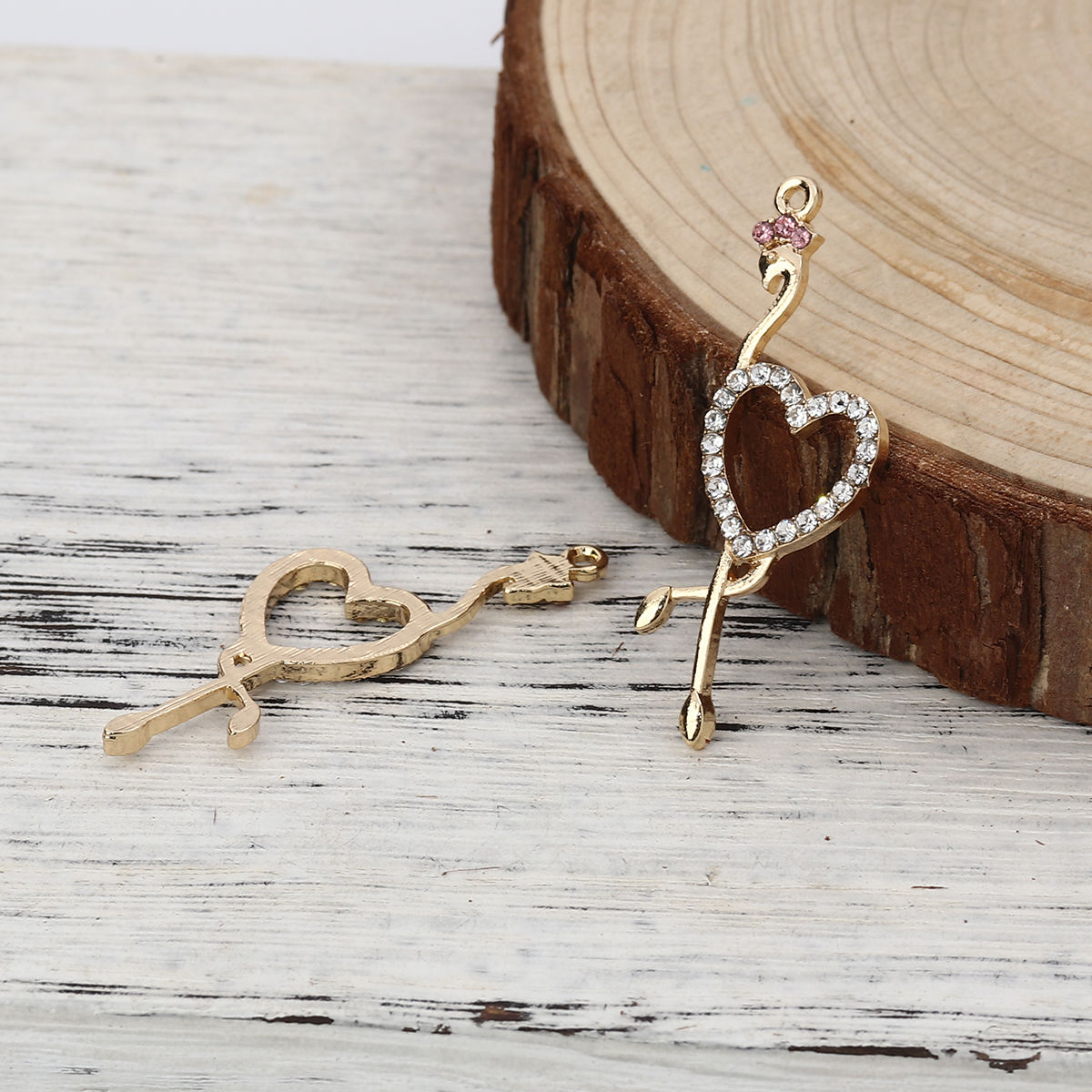 Picture of Zinc Based Alloy Pendants Flamingo Gold Plated Purple Heart Clear Rhinestone 42mm(1 5/8") x 15mm( 5/8"), 5 PCs