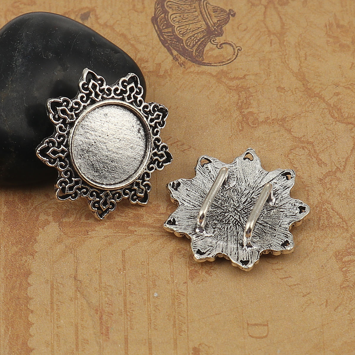Bild von Zinklegierung Cabochon Fassung Blumen Antiksilber Cabochon Fassung (für 16mm D.) 29mm x 29mm, 10 Stück