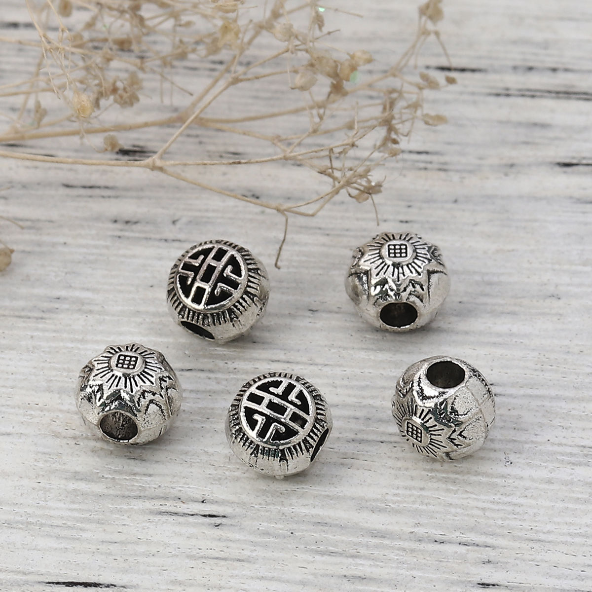 Picture of Zinc Based Alloy Spacer Beads Round Antique Silver Color Flower 8mm x 7mm, Hole: Approx 2.5mm, 50 PCs