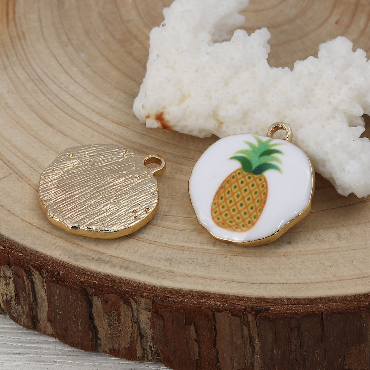 Picture of Zinc Based Alloy Charms Irregular Gold Plated White & Yellow Pineapple Enamel 22mm( 7/8") x 21mm( 7/8"), 5 PCs