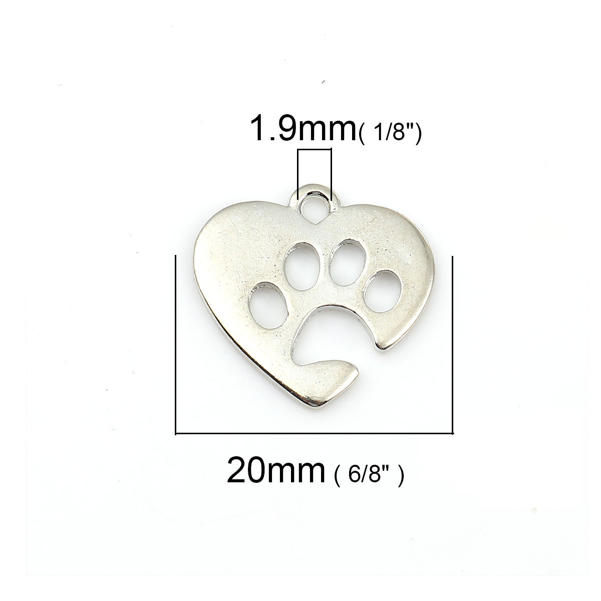 Picture of Zinc Based Alloy Charms Dog's Paw Silver Tone Heart 20mm( 6/8") x 19mm( 6/8"), 20 PCs