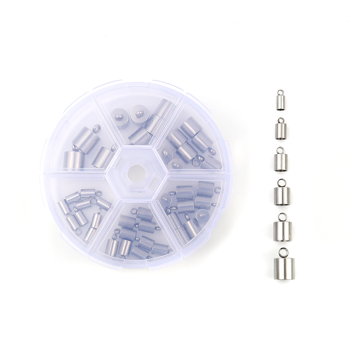 Picture of Stainless Steel Cord End Caps Cylinder Silver Tone Mixed (Fits 8mm - 3.3mm Cord) 14mm x9mm( 4/8" x 3/8") 9mm x4mm( 3/8" x 1/8"), 1 Box (Approx 48 PCs)