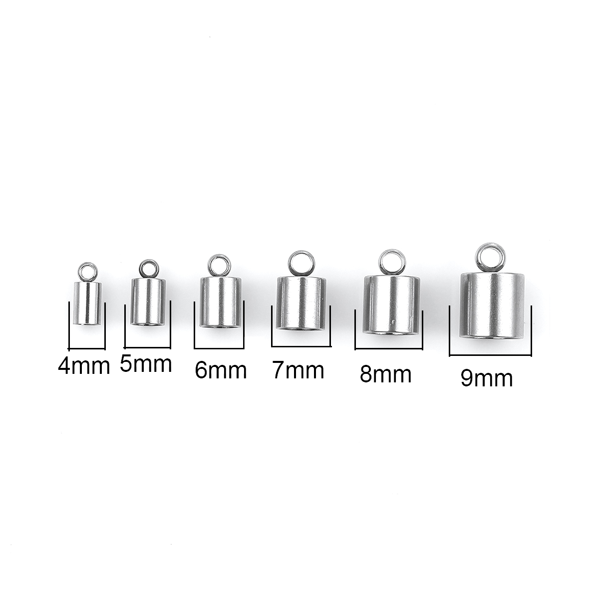 Picture of Stainless Steel Cord End Caps Cylinder Silver Tone Mixed (Fits 8mm - 3.3mm Cord) 14mm x9mm( 4/8" x 3/8") 9mm x4mm( 3/8" x 1/8"), 1 Box (Approx 48 PCs)