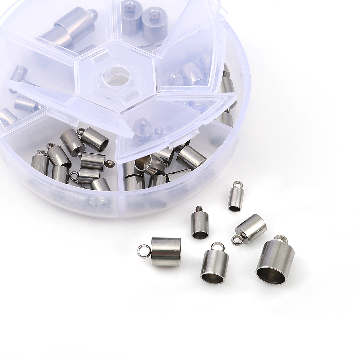Picture of Stainless Steel Cord End Caps Cylinder Silver Tone Mixed (Fits 8mm - 3.3mm Cord) 14mm x9mm( 4/8" x 3/8") 9mm x4mm( 3/8" x 1/8"), 1 Box (Approx 48 PCs)