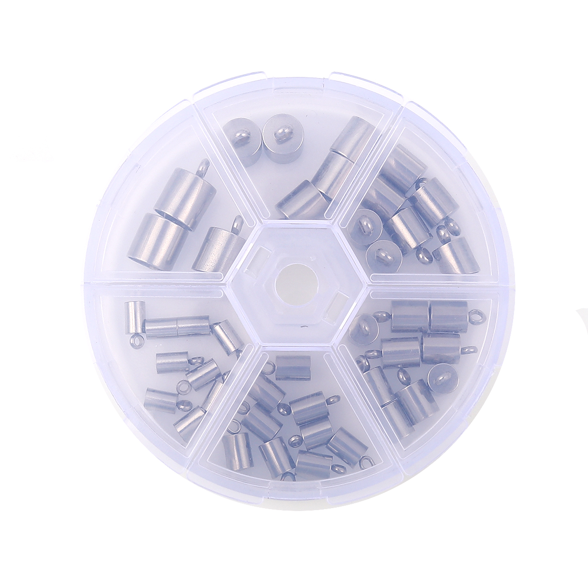 Picture of Stainless Steel Cord End Caps Cylinder Silver Tone Mixed (Fits 8mm - 3.3mm Cord) 14mm x9mm( 4/8" x 3/8") 9mm x4mm( 3/8" x 1/8"), 1 Box (Approx 48 PCs)