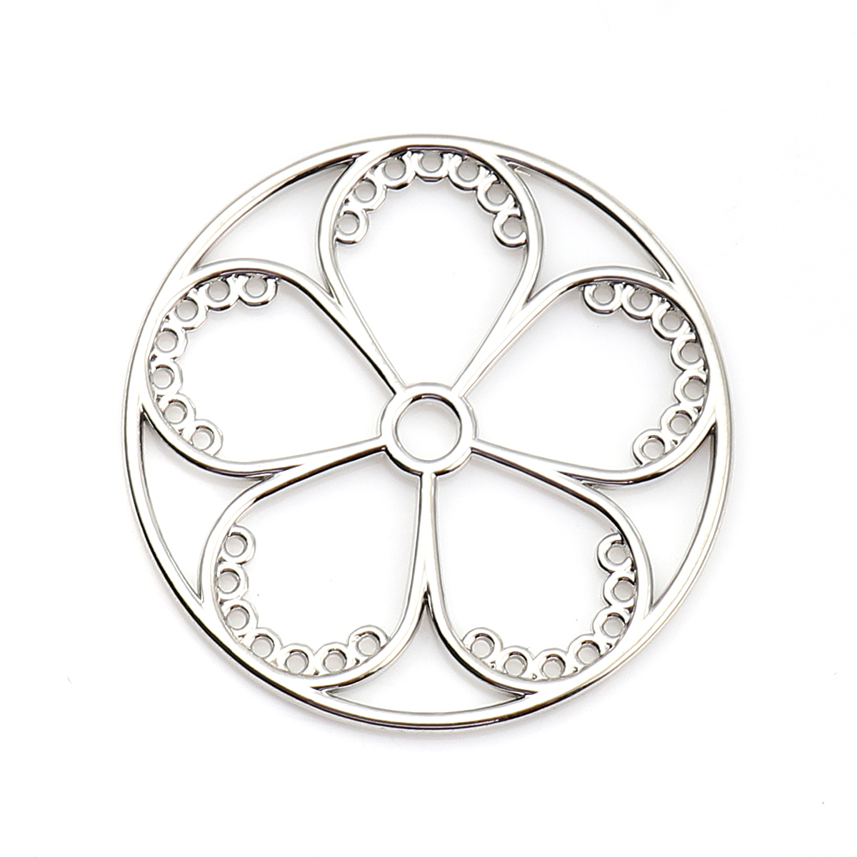 Picture of 10 PCs Zinc Based Alloy Pendants Silver Tone Round Flower Hollow 3.7cm Dia.