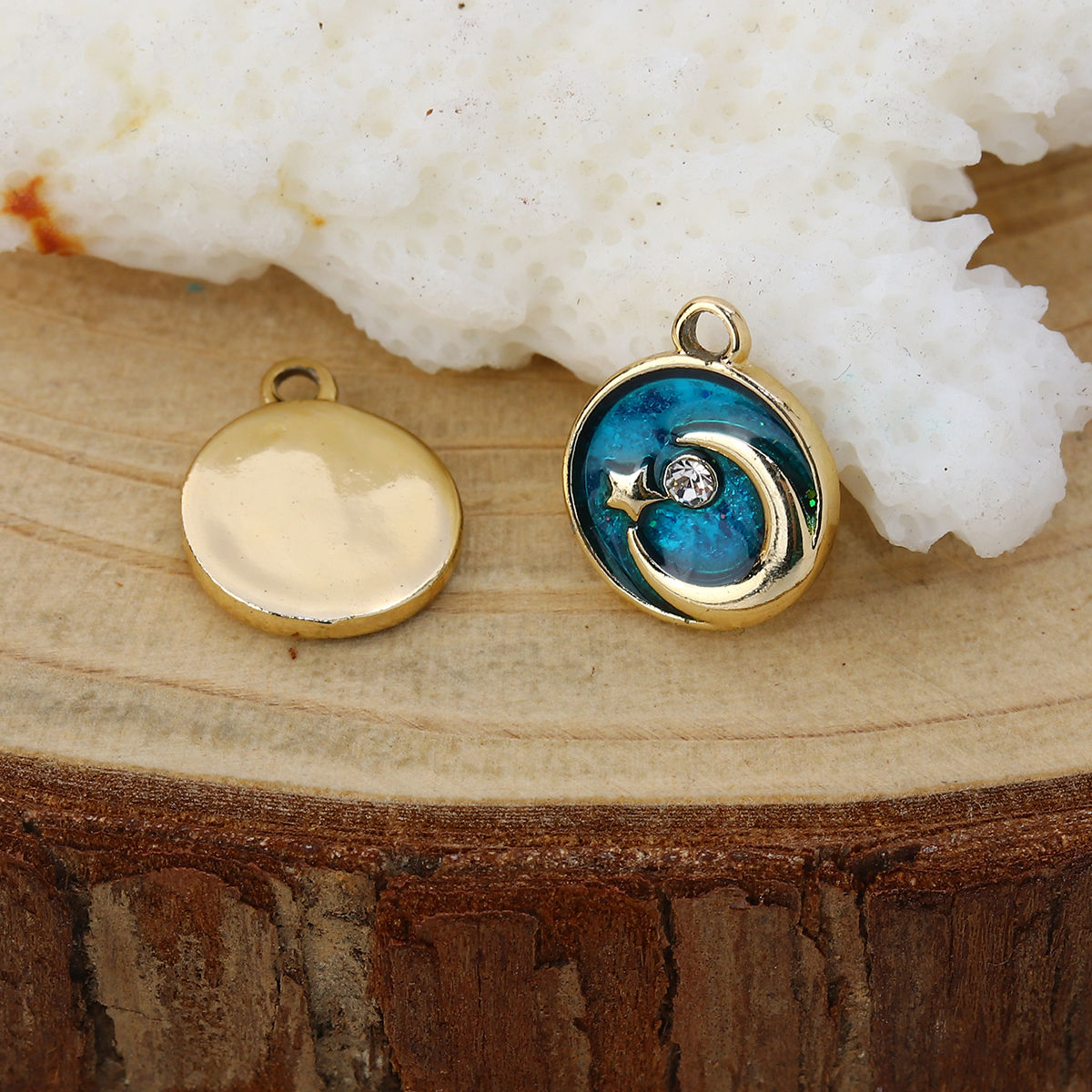 Picture of Zinc Based Alloy Charms Half Moon Gold Plated Deep Blue Star Clear Rhinestone Enamel 12mm( 4/8") x 10mm( 3/8"), 10 PCs