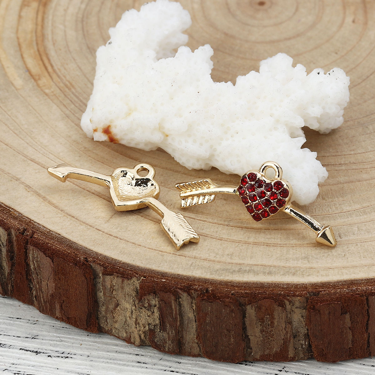 Picture of Zinc Based Alloy Charms Gold Plated Arrow Through Heart Red Rhinestone 29mm(1 1/8") x 12mm( 4/8"), 5 PCs