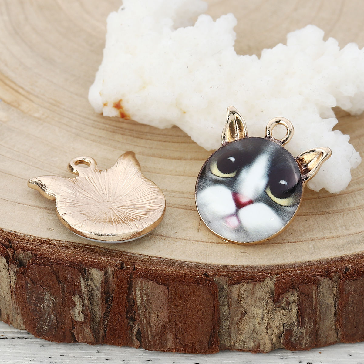 Изображение Подвески Кошка Позолоченный Черный & Белый С Эмалью 21мм x 18мм, 10 ШТ