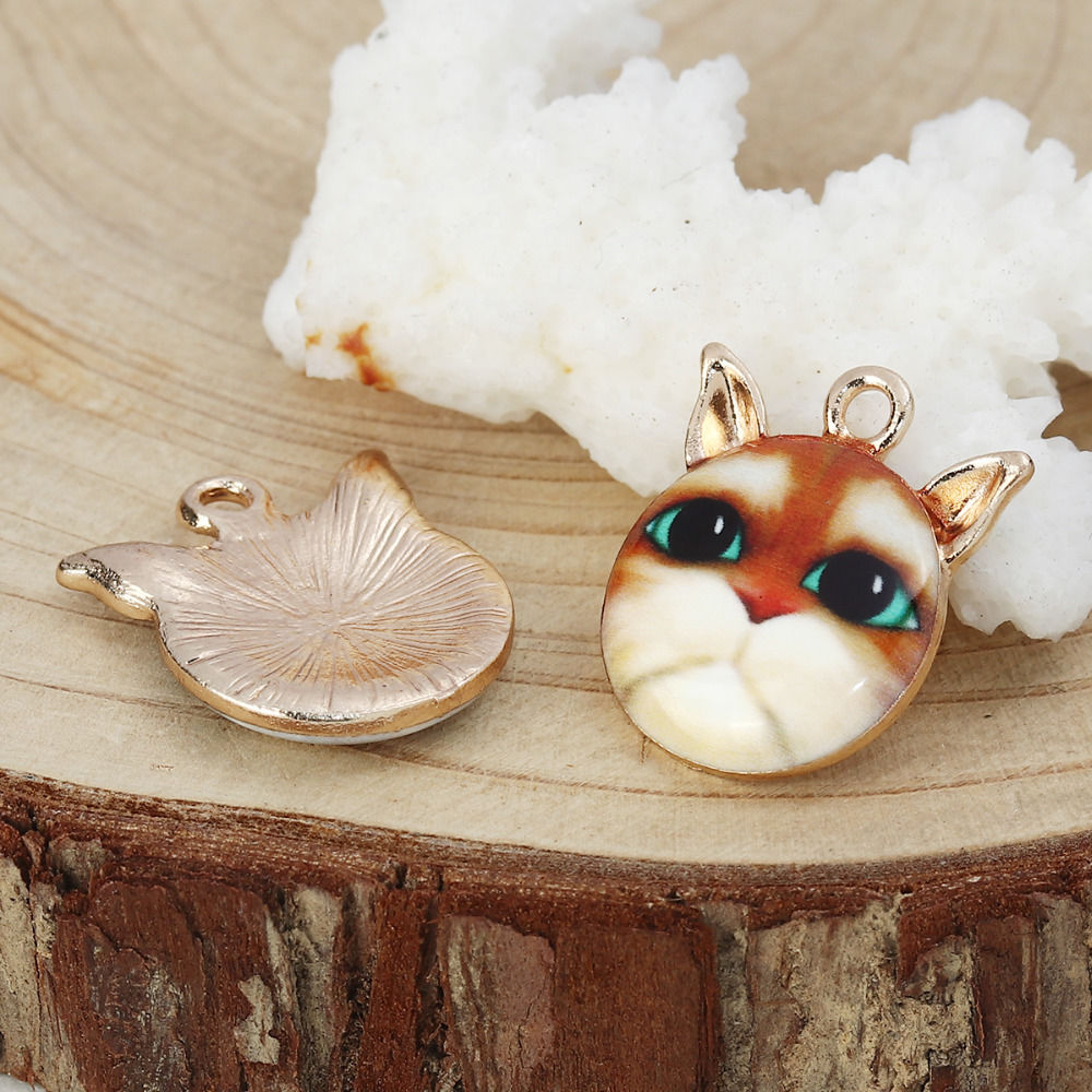 Изображение Подвески Кошка Позолоченный Черный & Белый С Эмалью 21мм x 18мм, 10 ШТ