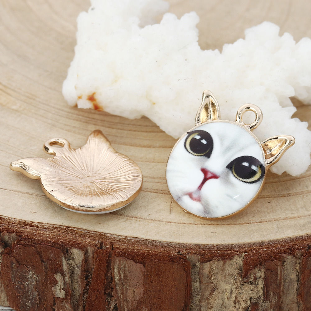 Изображение Подвески Кошка Позолоченный Черный & Белый С Эмалью 21мм x 18мм, 10 ШТ