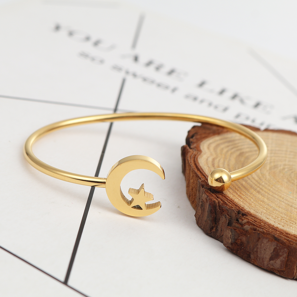 Bild von 304 Edelstahl Offen Manschette Armreife Armband Vergoldet Halbmond Stern 17.7cm lang, 1 Stück