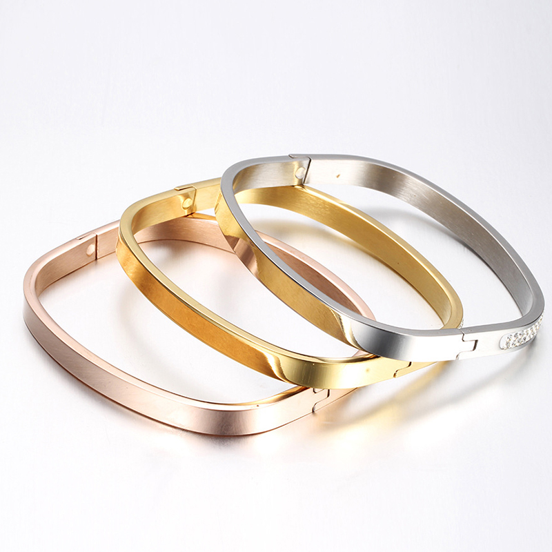 Picture of 316L Stainless Steel Bangles Bracelets Gold Plated Rectangle Clear Rhinestone Can Open 6.9cm(2 6/8") x 5.9cm(2 3/8"), 1 Piece