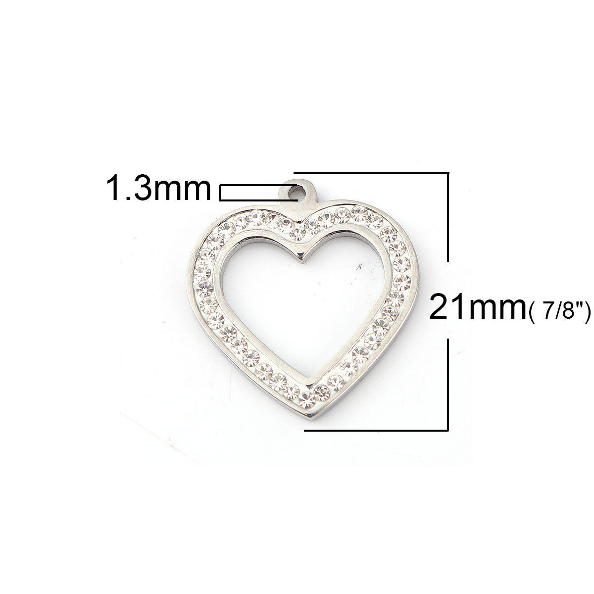Picture of 316L Stainless Steel Charms Heart Silver Tone Clear Rhinestone 21mm( 7/8") x 20mm( 6/8"), 1 Piece”