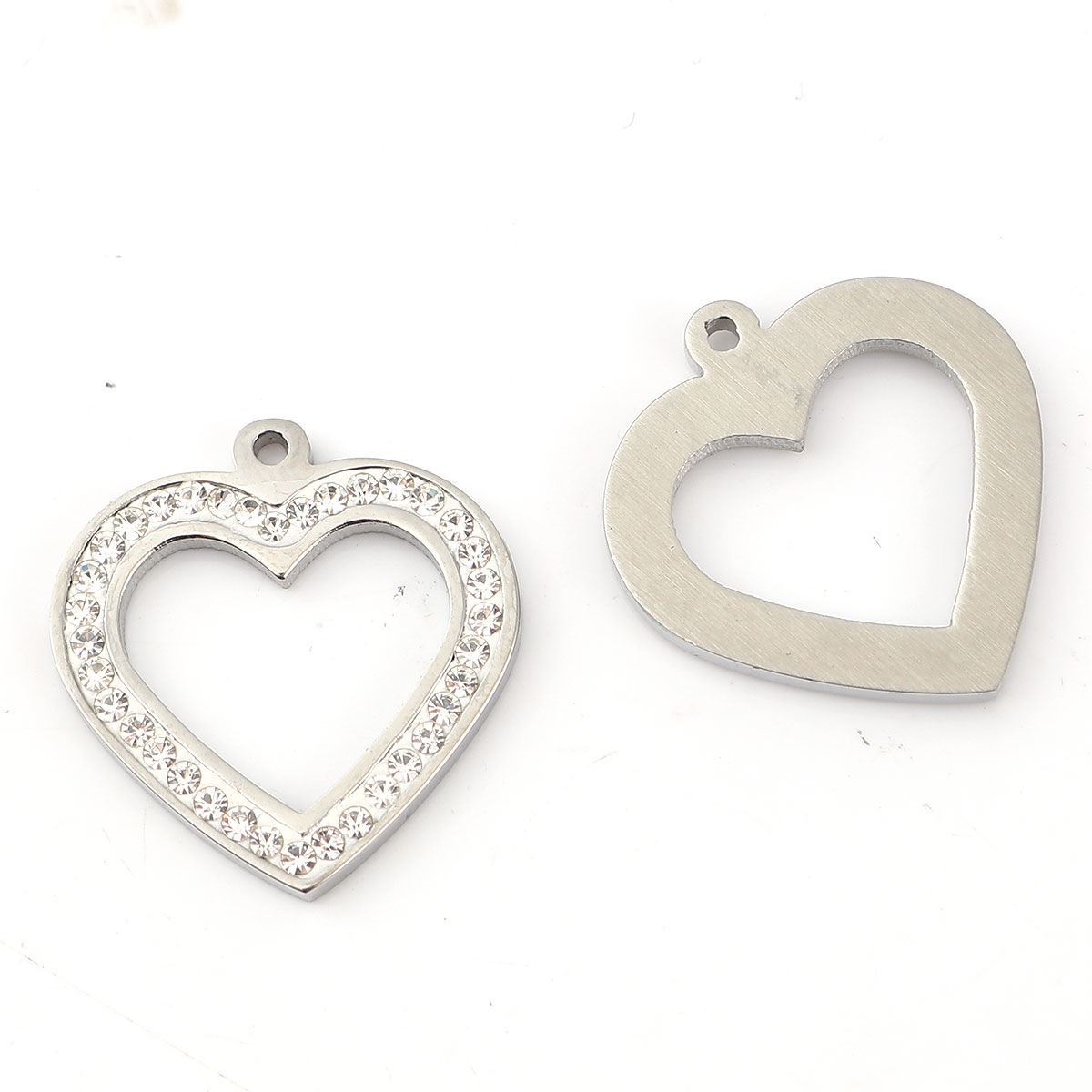Picture of 316L Stainless Steel Charms Heart Silver Tone Clear Rhinestone 21mm( 7/8") x 20mm( 6/8"), 1 Piece”