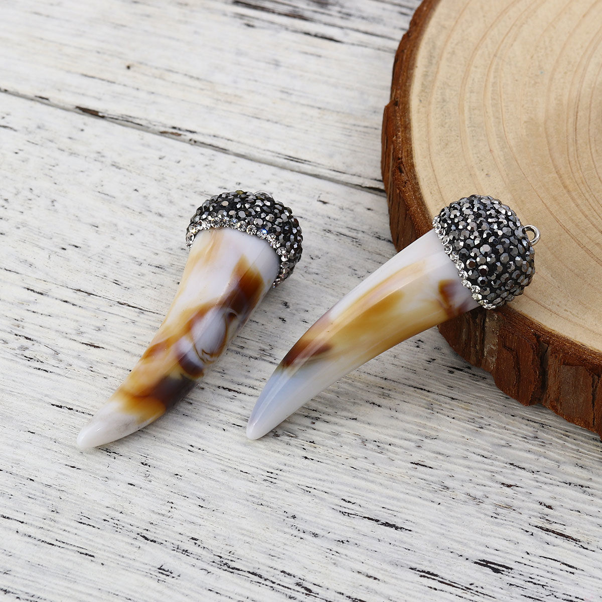 Picture of Resin Boho Chic Pendants Horn-shaped White Brown Micro Pave Clear Rhinestone 6cm x2cm(2 3/8" x 6/8") - 5.8cm x1.9cm(2 2/8" x 6/8"), 1 Piece