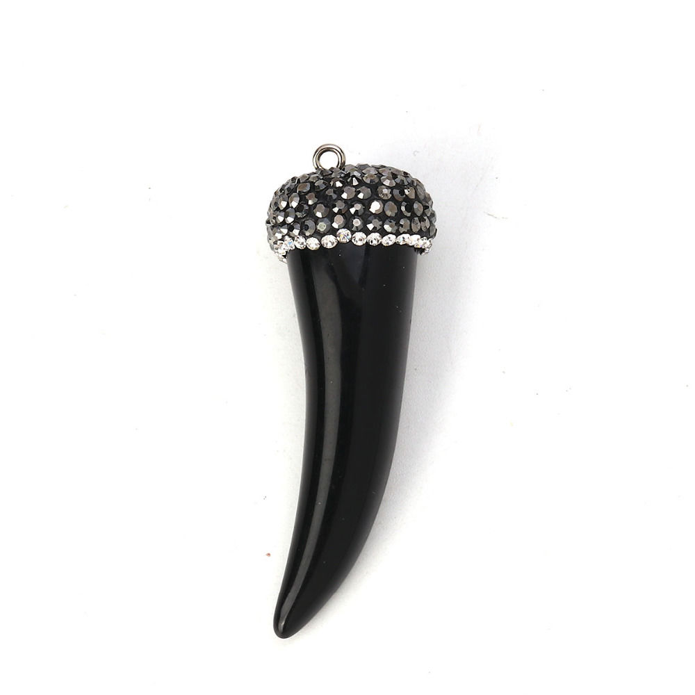 Picture of Resin Boho Chic Pendants Horn-shaped White Brown Micro Pave Clear Rhinestone 6cm x2cm(2 3/8" x 6/8") - 5.8cm x1.9cm(2 2/8" x 6/8"), 1 Piece
