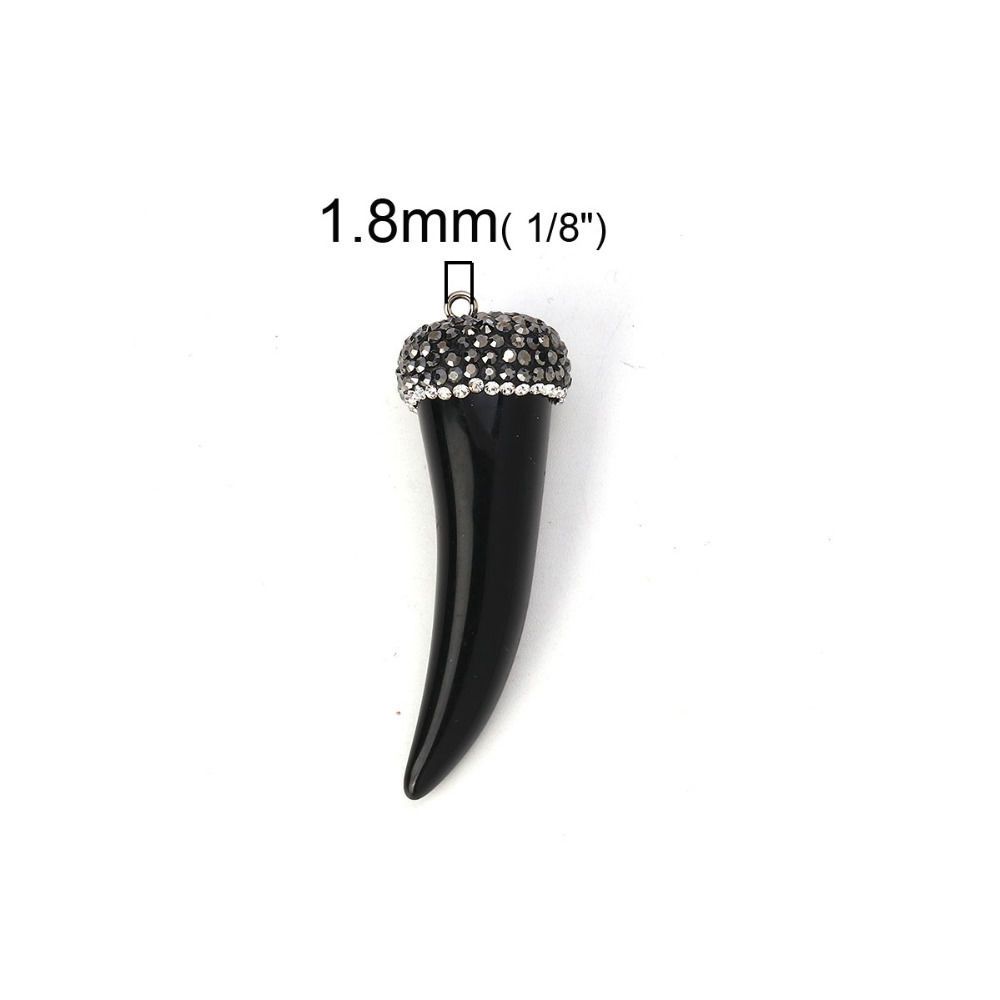 Picture of Resin Boho Chic Pendants Horn-shaped White Brown Micro Pave Clear Rhinestone 6cm x2cm(2 3/8" x 6/8") - 5.8cm x1.9cm(2 2/8" x 6/8"), 1 Piece