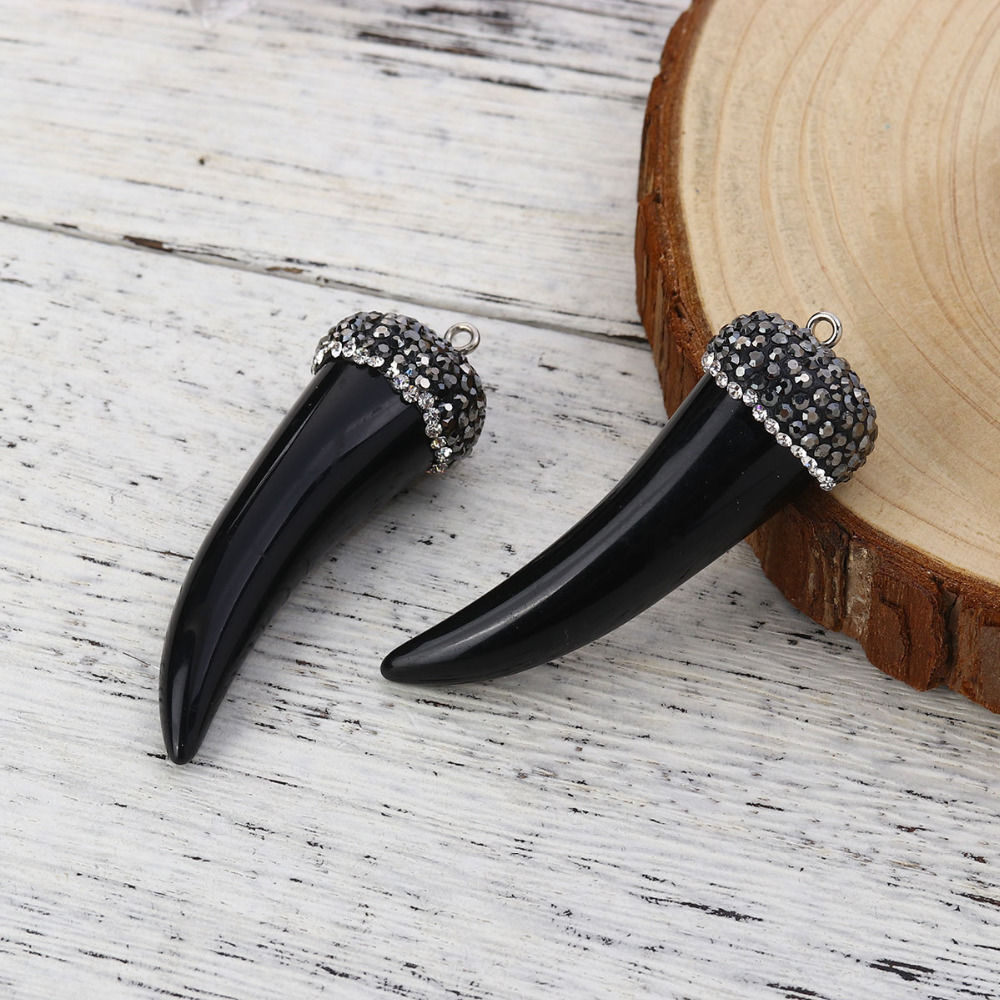 Picture of Resin Boho Chic Pendants Horn-shaped White Brown Micro Pave Clear Rhinestone 6cm x2cm(2 3/8" x 6/8") - 5.8cm x1.9cm(2 2/8" x 6/8"), 1 Piece