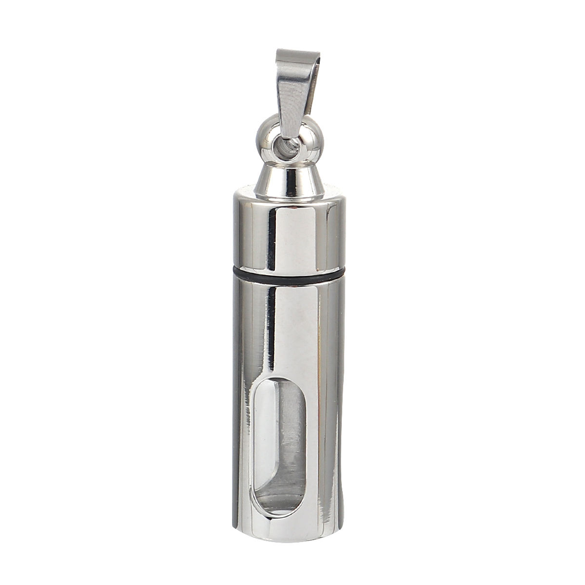 Picture of 316L Stainless Steel & Glass Cremation Ash Urn Pendants Cylinder Silver Tone Hollow 55mm(2 1/8") x 13mm( 4/8"), 1 Piece”