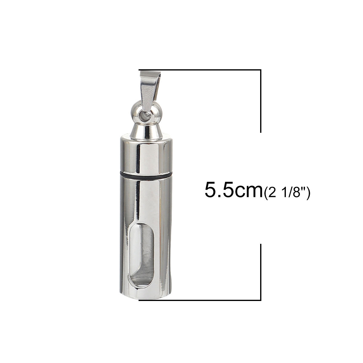 Picture of 316L Stainless Steel & Glass Cremation Ash Urn Pendants Cylinder Silver Tone Hollow 55mm(2 1/8") x 13mm( 4/8"), 1 Piece”