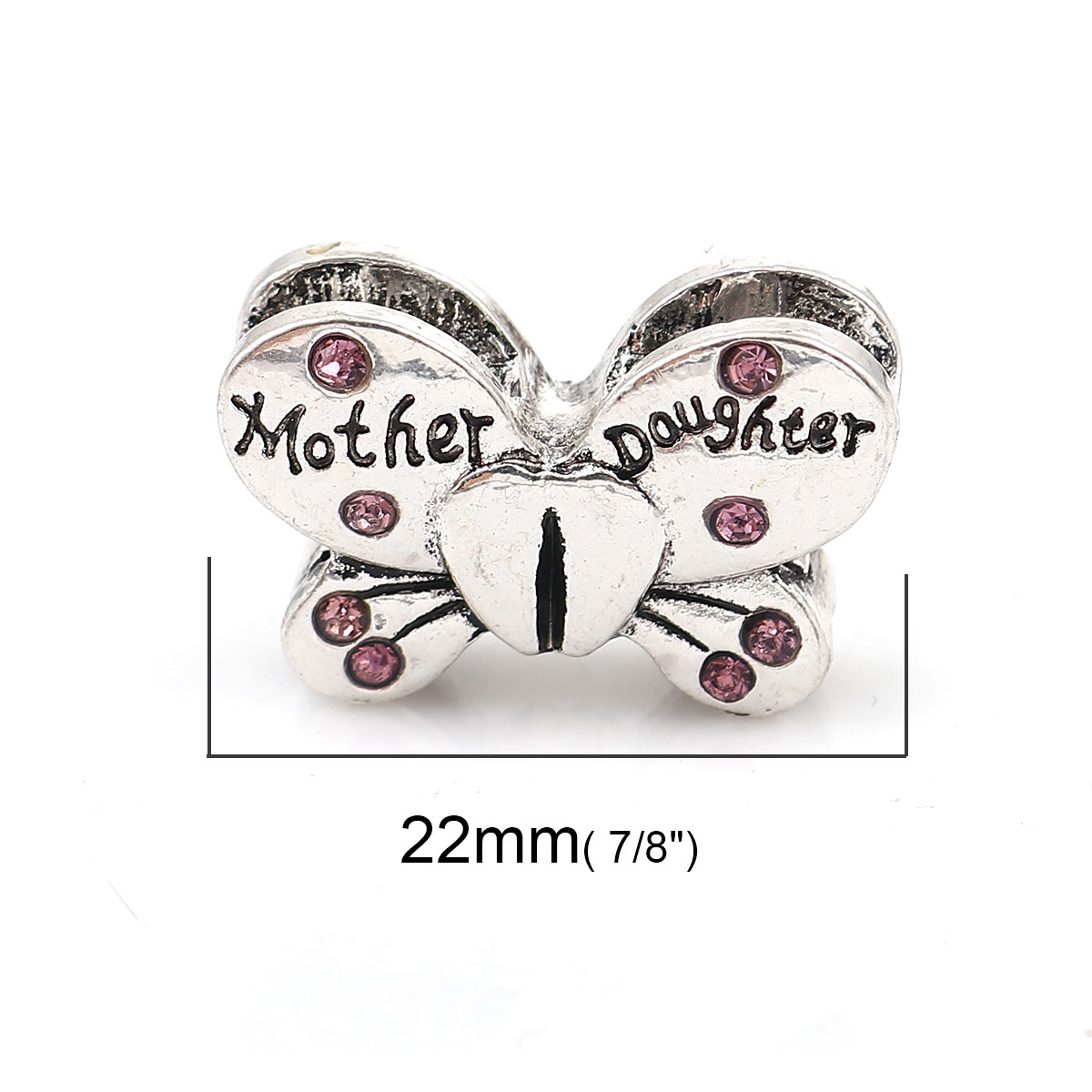 Picture of Zinc Based Alloy European Style Large Hole Charm Beads Butterfly Animal Antique Silver Color Message " Mother & Daughter " Mauve Rhinestone About 22mm x 15mm, Hole: Approx 4.8mm, 3 PCs