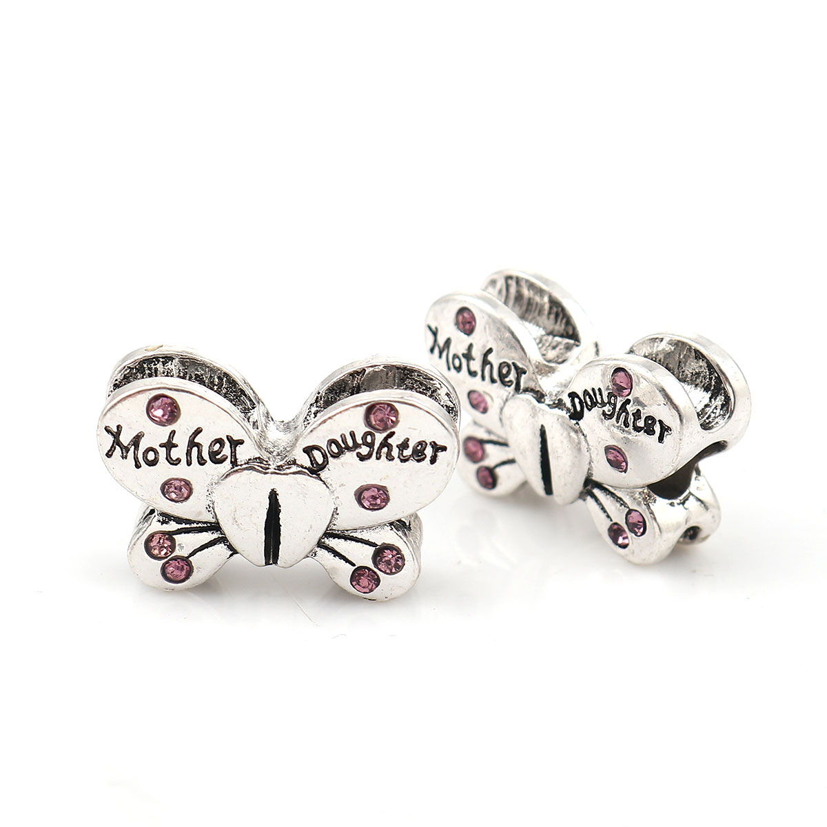 Picture of Zinc Based Alloy European Style Large Hole Charm Beads Butterfly Animal Antique Silver Color Message " Mother & Daughter " Mauve Rhinestone About 22mm x 15mm, Hole: Approx 4.8mm, 3 PCs