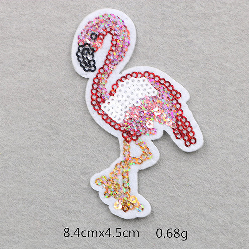 Picture of Fabric Embroidery Appliques Patches DIY Scrapbooking Craft Multicolor Flamingo Sequins 8.4cm(3 2/8") x 4.5cm(1 6/8"), 1 Piece