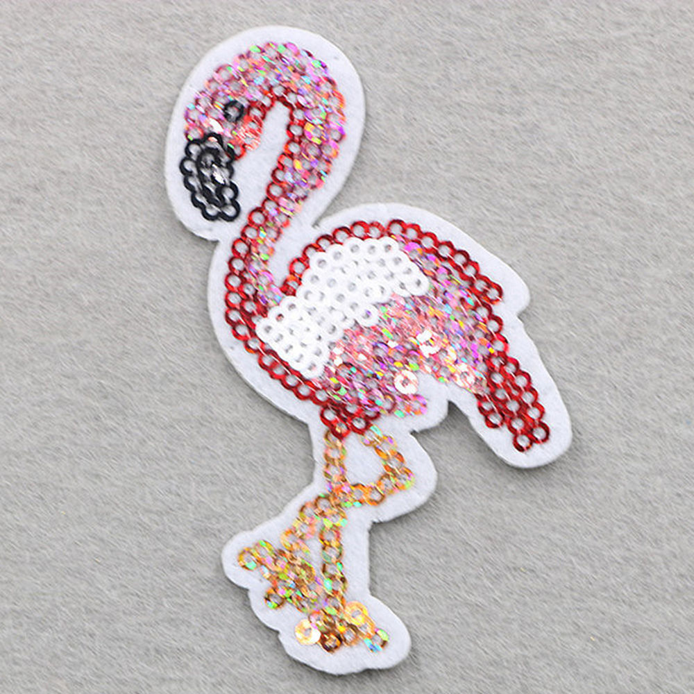 Picture of Fabric Embroidery Appliques Patches DIY Scrapbooking Craft Multicolor Flamingo Sequins 8.4cm(3 2/8") x 4.5cm(1 6/8"), 1 Piece