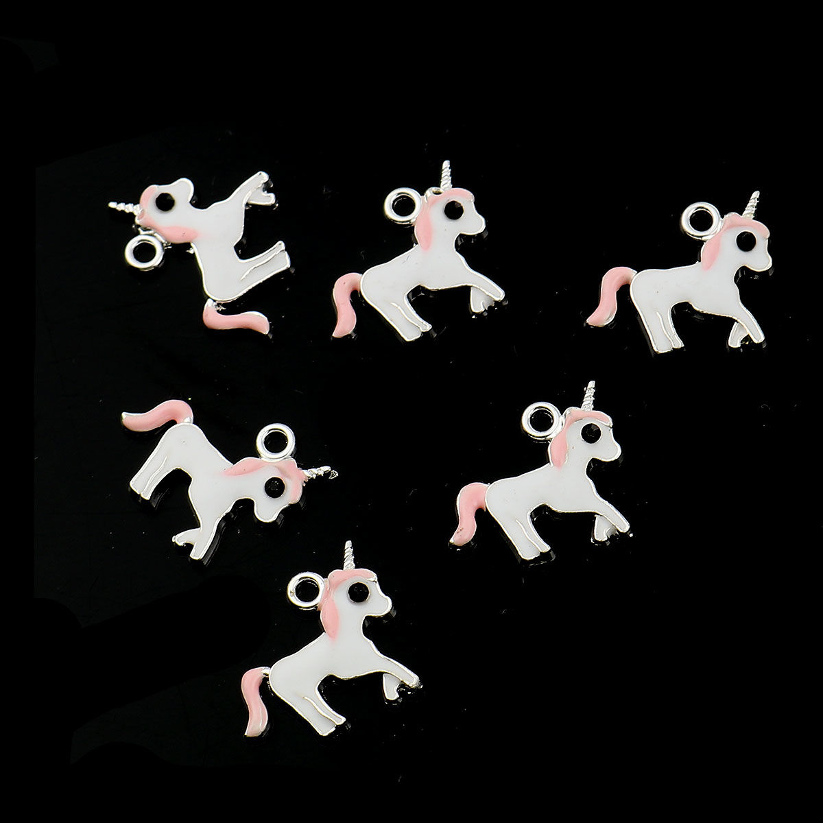 Picture of Zinc Based Alloy Charms Horse Animal Silver Tone Pink Black Rhinestone Enamel 16mm( 5/8") x 14mm( 4/8"), 20 PCs