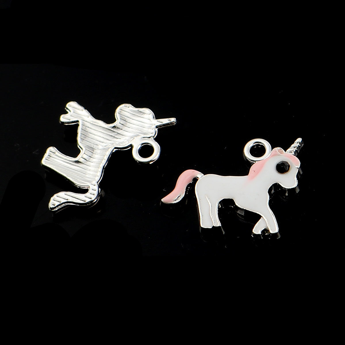 Picture of Zinc Based Alloy Charms Horse Animal Silver Tone Pink Black Rhinestone Enamel 16mm( 5/8") x 14mm( 4/8"), 20 PCs