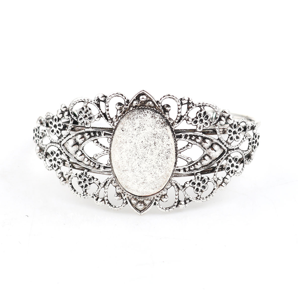 Imagen de 2 Unidades Latón & Aleación Soporta a Cabachones Abierta Cuff Brazaletes Pulseras Óvalo Filigrana Plata Antigua (Apta 25mmx18mm) 15.5cm longitud