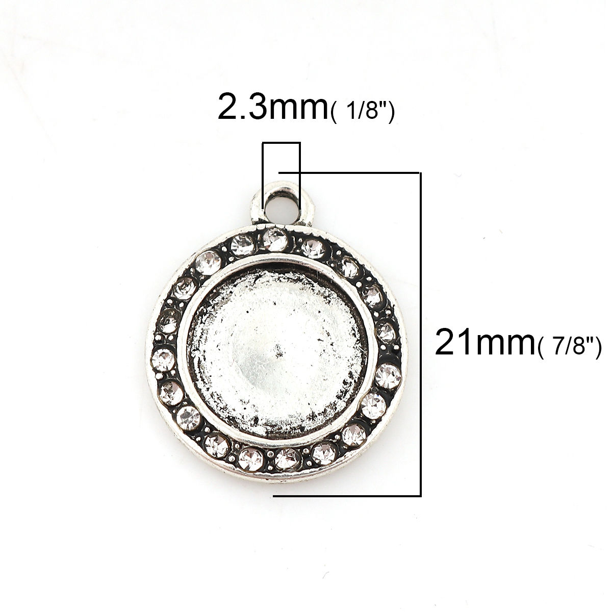 Picture of Zinc Based Alloy Charms Round Disc Antique Silver Color Cabochon Settings (Fits 12mm Dia.) Clear Rhinestone 21mm x 18mm, 3 PCs