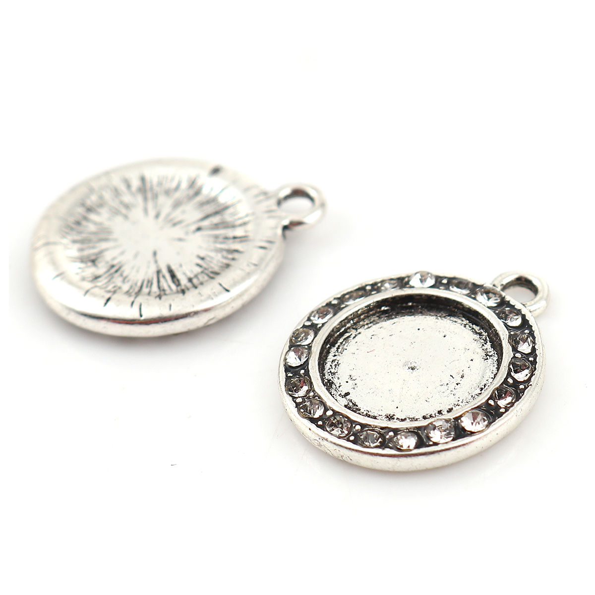 Picture of Zinc Based Alloy Charms Round Disc Antique Silver Color Cabochon Settings (Fits 12mm Dia.) Clear Rhinestone 21mm x 18mm, 3 PCs