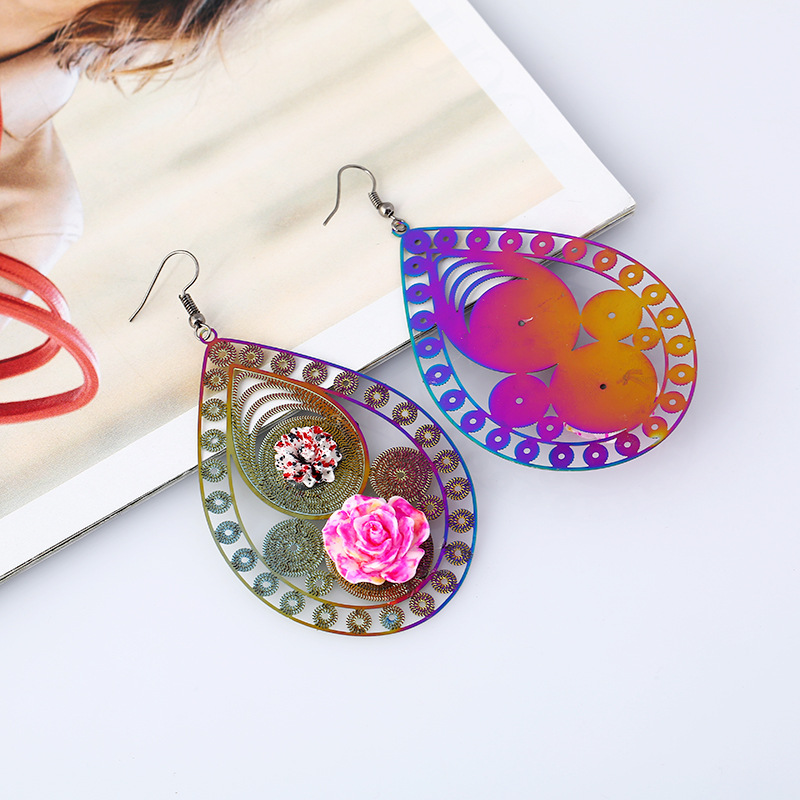 Imagen de Acero Inoxidable Pendientes Multicolor Gota Rosa Color Plateado 9.3cm x 5cm, 1 Par