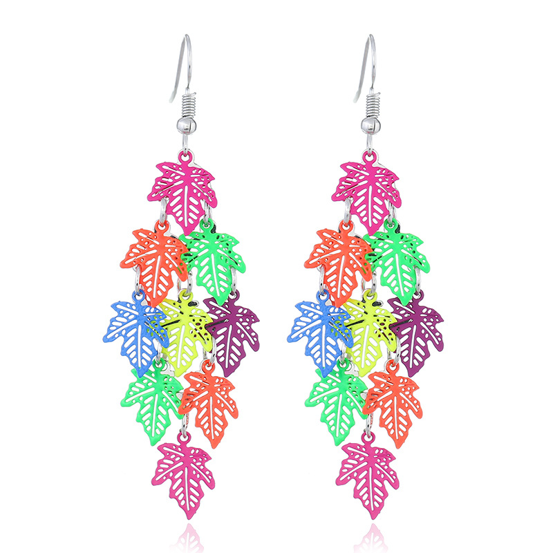 Imagen de Acero Inoxidable Pendientes Multicolor Hoja de Arce Color Plateado 7.5cm x 2.5cm, 1 Par