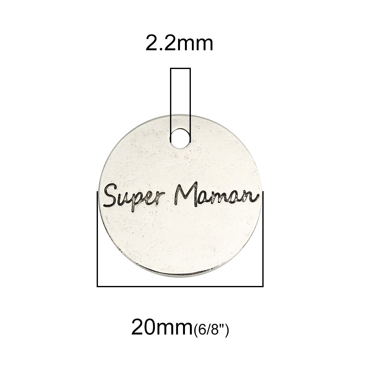 Picture of Zinc Based Alloy Charms Round Disc Antique Silver Color Message " Super Maman " 20mm Dia, 10 PCs