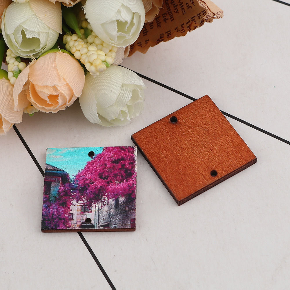 Picture of Natural Wood Connectors Square Multicolor Flower 29mm x 29mm, 20 PCs
