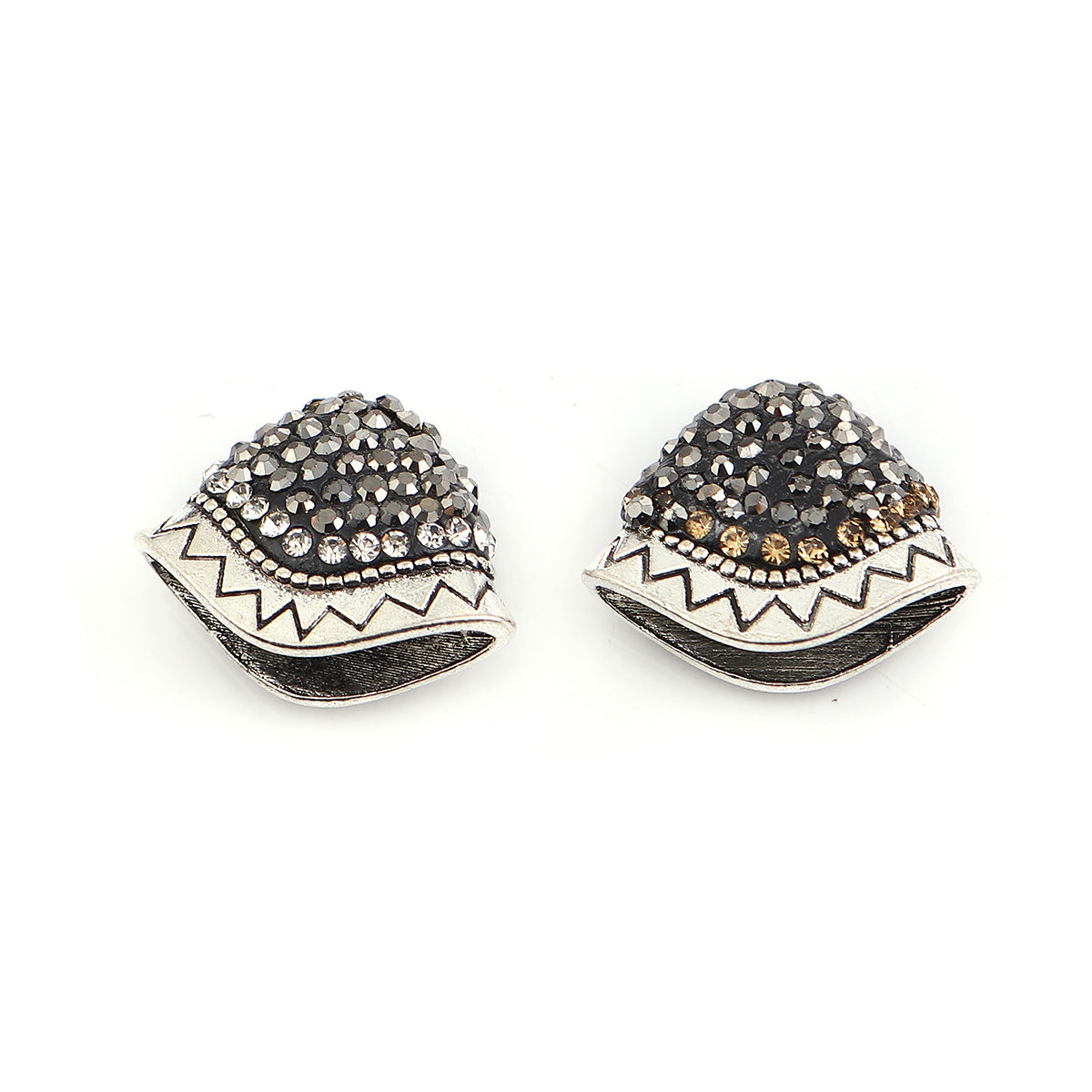 Bild von Zinklegierung Micro Pave Quaste Perlkappe Fächer-Form Antiksilber Dunkelgrau Welle Sektfarben Strassstein 23mm x 18mm, 2 Stück