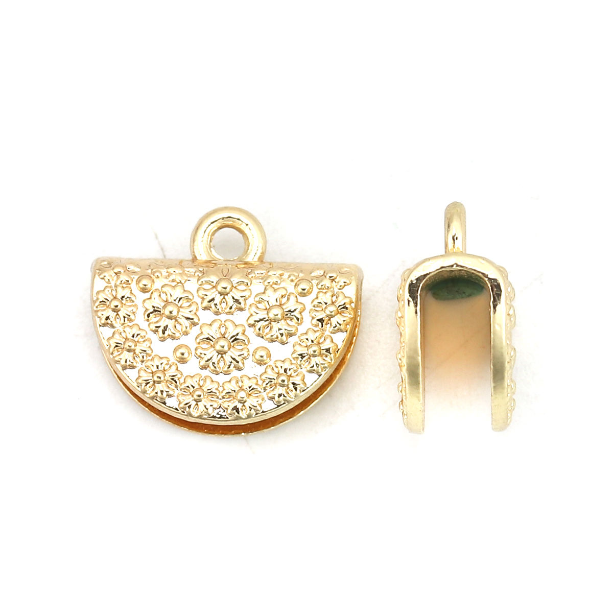 Imagen de Zamak Cuerda Tapa Final Para Pulsera Collar Joyería Medio Círculo Chapado en Oro Flor Tallado 16mm x 13mm, 10 Unidades