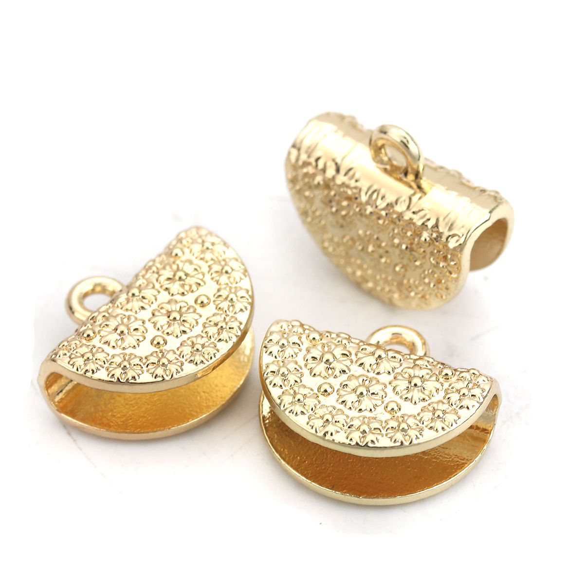 Imagen de Zamak Cuerda Tapa Final Para Pulsera Collar Joyería Medio Círculo Chapado en Oro Flor Tallado 16mm x 13mm, 10 Unidades