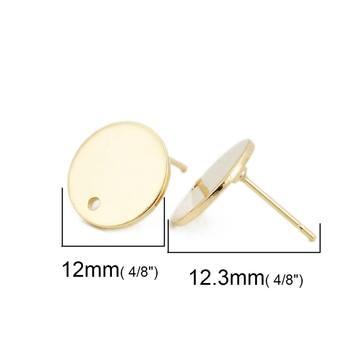 Picture of 10 PCs Brass Ear Post Stud Earrings 18K Real Gold Plated Round With Loop 12mm Dia., Post/ Wire Size: 0.8mm(20 gauge)