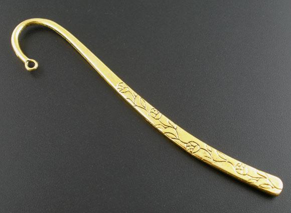 Picture of Zinc Based Alloy Bookmark Findings Twist Gold Tone Antique Gold Flower Carved With Loop 12.2cm(4 6/8"), 6 PCs