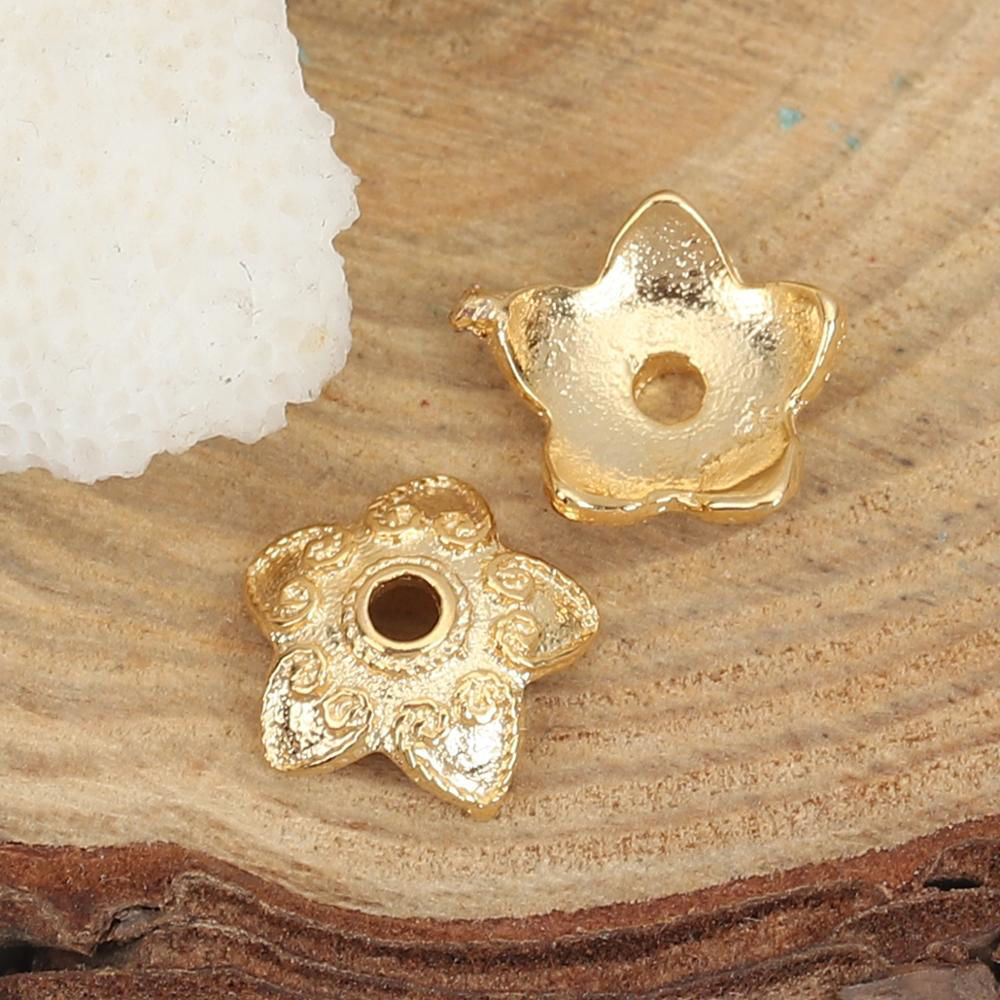 Picture of Brass Beads Caps Flower 18K Real Gold Plated Hollow (Fit Beads Size: 10mm Dia.) 8mm x 8mm, 10 PCs
