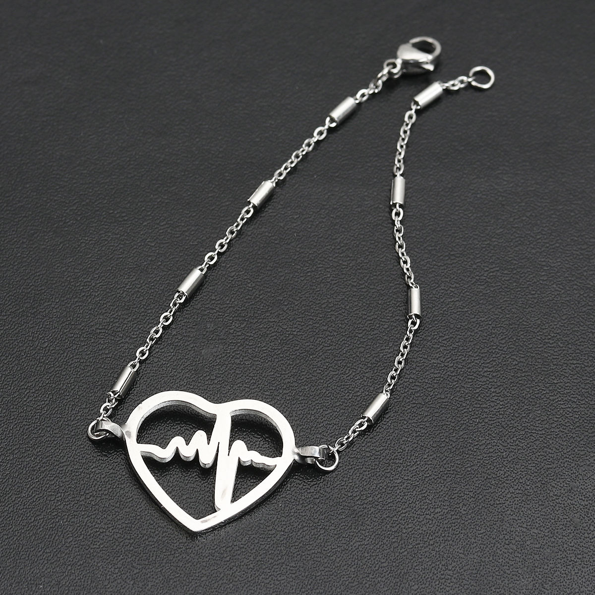 Изображение 304 Нержавеющая Сталь Браслеты Серебряный Тон Сердце Электрокардиограмма 18.5см Длина, 1 ШТ